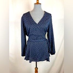 Loft Plus Women's 18 Full Wrap Blouse Long Sleeve Navy Blue Polka Dot V-Neck